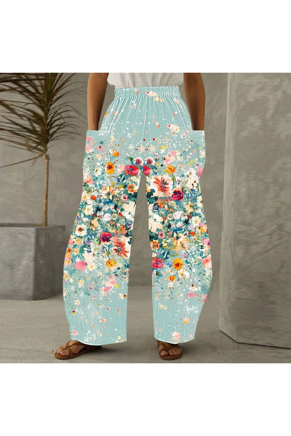 Women's Hippie Bohemian Palazzo Yoga Pants, Straight Leg Bottom, Floral Printed Harem Pants, Baggy Wide Leg Pants with Pockets Green XXL