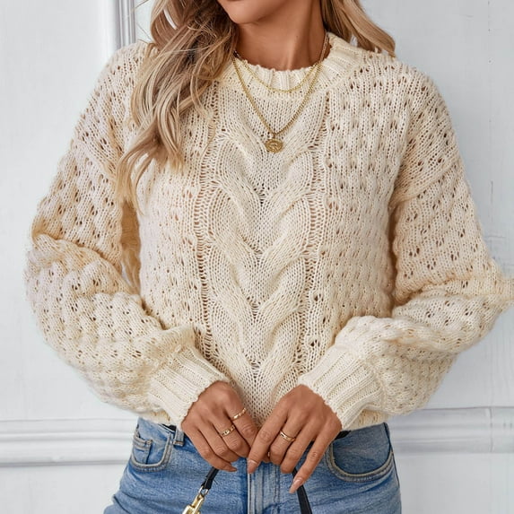 Jjayotai Women's Hollow Out Crochet Chunky Cable Knit Sweater, Crew Neck Long Sleeve Lightweight Fall Winter Warm Pullover Tops Beige XL