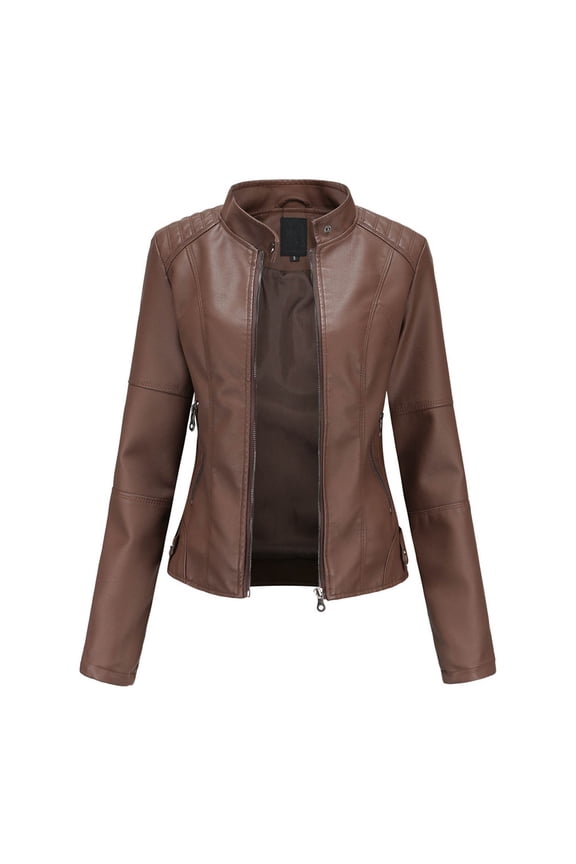 Women's Leather Jackets Clearance, Zipper Classic Lapel Biker Jacket Outerwear, Fashion PU Jacket Coat Coffee M