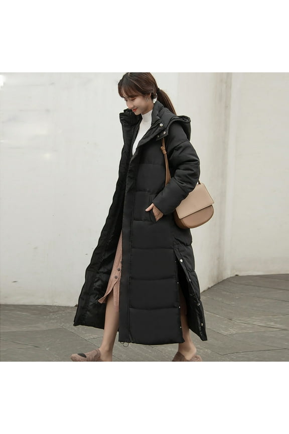Women's Long Quilted Coat, Maxi Length Long Sleeve Puffer Jacket, Solid Hooded Padded Coats, Thick Warm Winter Outerwear Black XXXL