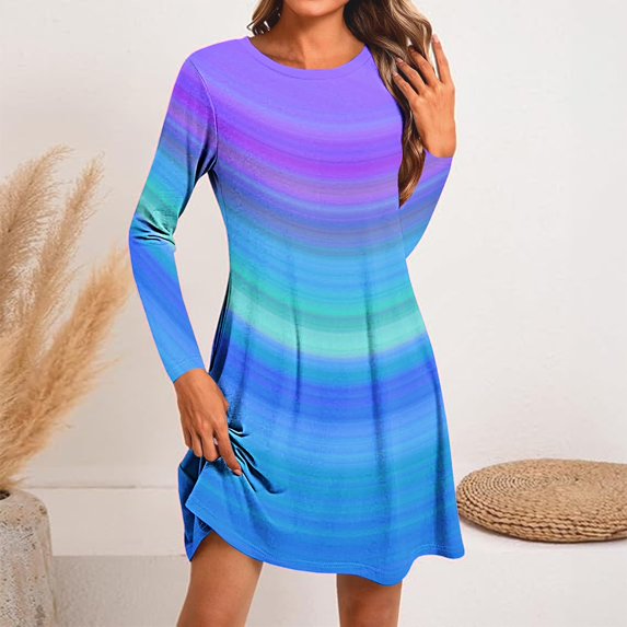 Jjayotai Women's Long Sleeve Casual Swing Simple T-Shirt Loose Dress, Colorblock Swing Dresses Plus Size Multicolor-17 L