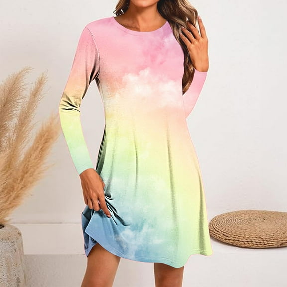 Jjayotai Women's Long Sleeve Casual Swing Simple T-Shirt Loose Dress, Tie Dye Swing Dresses Plus Size Multicolor-13 XXL