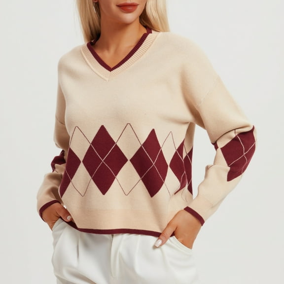 Jjayotai Women’s Long Sleeve V-Neck Argyle Sweater, Loose Fit Y2K Knitted Pullover Sweaters 2024 Beige L