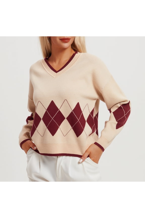 Women’s Long Sleeve V-Neck Argyle Sweater, Loose Fit Y2K Knitted Pullover Sweaters 2024 Beige L