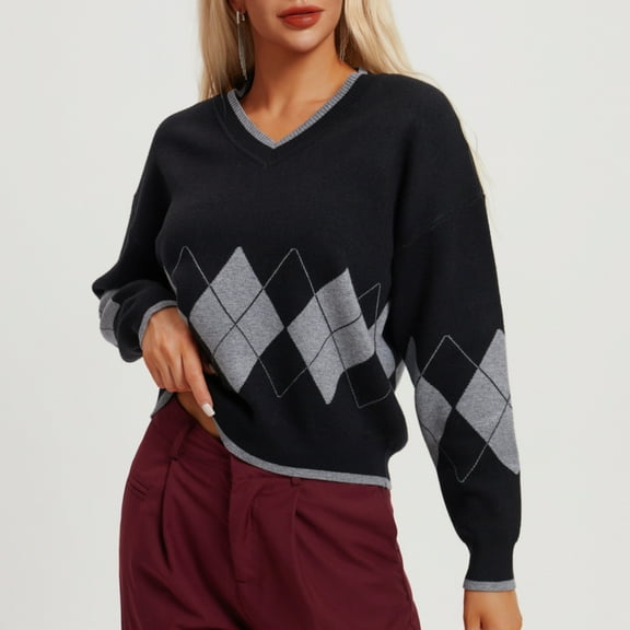Jjayotai Women’s Long Sleeve V-Neck Argyle Sweater, Loose Fit Y2K Knitted Pullover Sweaters 2024 Black L