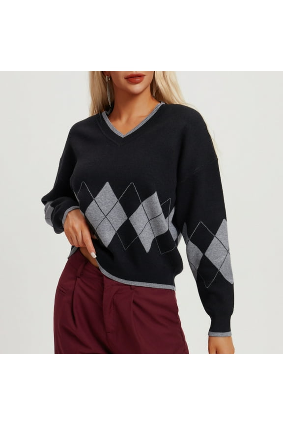 Women’s Long Sleeve V-Neck Argyle Sweater, Loose Fit Y2K Knitted Pullover Sweaters 2024 Black L