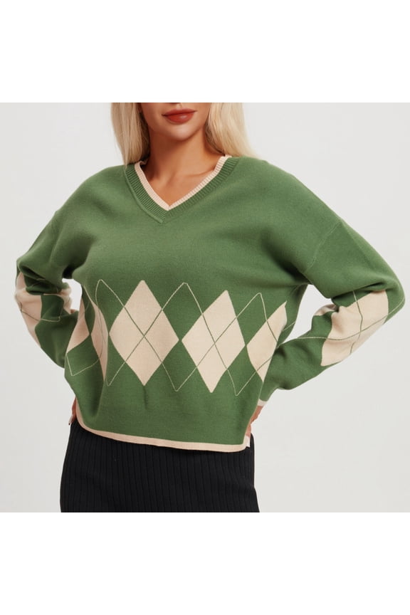 Women’s Long Sleeve V-Neck Argyle Sweater, Loose Fit Y2K Knitted Pullover Sweaters 2024 Green L