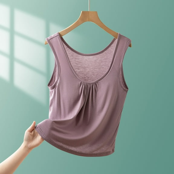 Jjayotai Women's Loose Camisole Top with Built in Padded Bra, Flowy Pleated Tank Cami Top, Womens Tank Tops with Built in Bra Purple^ XL