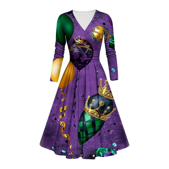 Jjayotai Women's Mardi Gras Costume Dress, Masquerade Mask Trumpet Print Dresses, Carnival Purple Gold Dress Multicolor XL