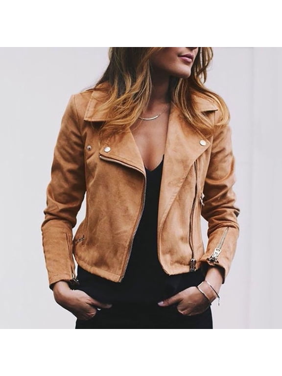Women's Motorcycle Jacket, 2024 Fall Faux Leather Biker Coats, Plus Size Long Sleeve Zipper Slim Fit Short Casual Coat Khaki XL