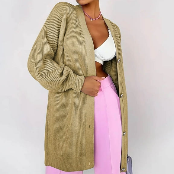 Jjayotai Women's Oversized Cardigan Sweaters, Long Sleeve V Neck Button Down Open Front ,Knitted Sweater 2024 Fall Fashion Outfits Beige M