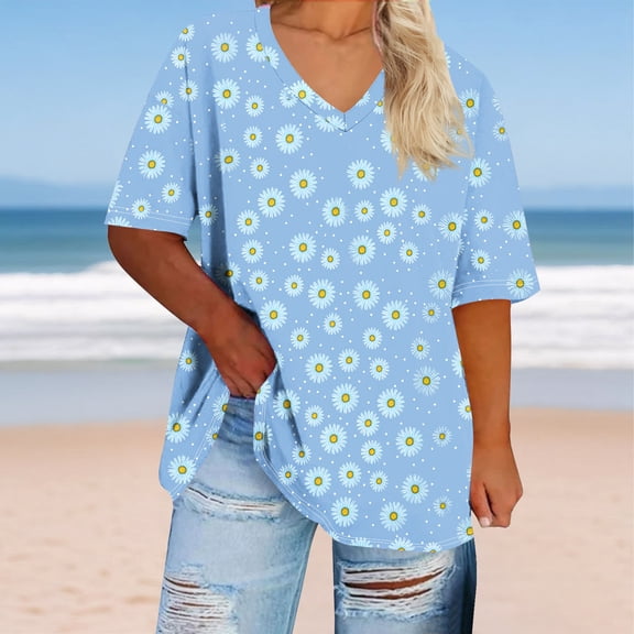Jjayotai Women's Plus Size Top, Summer Flower Graphic V Neck T Shirt, Casual Loose Fit Basic Tee Tops, Short Sleeve Shirts for Women Sky Blue^ XXXXXL