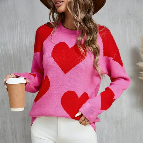 Jjayotai Women's Pullover Sweaters, Round Neck Heart Printed Casual Long Sleeve Knit Sweater Valentines Day Red S