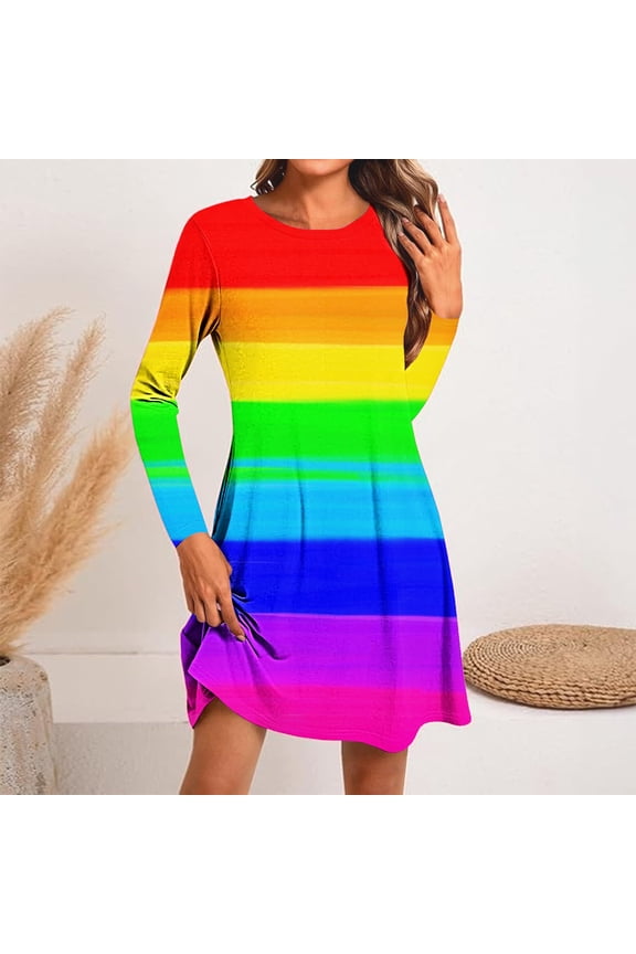 Women's Rainbow Print Dress, Spring Summer Beach Dresses, Casual T-Shirt Dress, Long Sleeve Dresses for Women 2025 Multicolor L