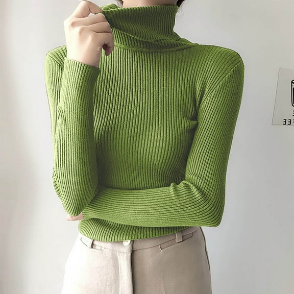 Jjayotai Women's Ribbed Turtleneck Sweater, Long Sleeve Knitted Solid Pullover Green Free Size