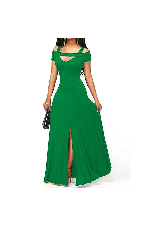 Women's Sexy Cold Shoulder Front Slit Flare Maxi Dress, V Neck Ruched Split A Line Long Party Dresses Green~ M
