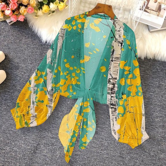 Jjayotai Women's Sheer Shrug, Y2K Long Sleeve Cardigans, 2025 Irregular Tie Front Chiffon Kimono, Women's Cover Up, Soft Cardigan