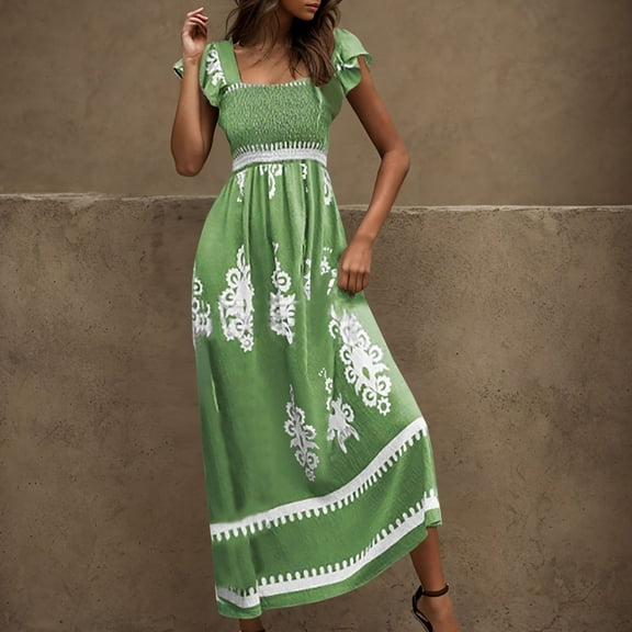 Jjayotai Women's Square Neck Flutter Sleeve Smocked Dress, Flowy Maxi Boho Sundress, Summer Vintage Print A-Line Dresses, Women Ethnic Style Maxi Dress Green^1 XL
