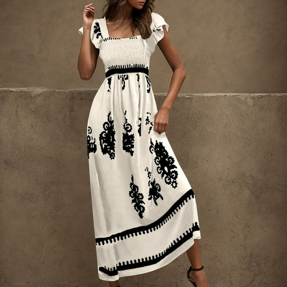 Jjayotai Women's Square Neck Flutter Sleeve Smocked Dress, Flowy Maxi Boho Sundress, Summer Vintage Print A-Line Dresses, Women Ethnic Style Maxi Dress Beige^1 XL