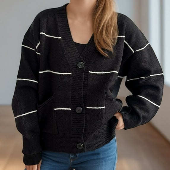 Jjayotai Women's Striped Cardigan Clearance, Long Sleeve Button Up Open Front, Knit Oversized Sweater Black M