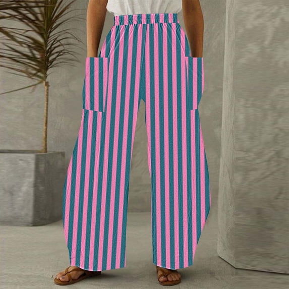 Jjayotai Women's Striped Print Baggy Pants, High Waist Wide Leg Loose Fit Trousers with Pockets Pink L