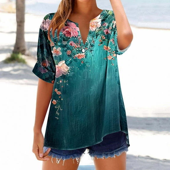 Jjayotai Women's Summer Tops, Short Sleeve Tunics, Dressy Casual Blouses, Henly Neck Button-Down Shirts, Boho Womens Clothing Multicolor^5 XL