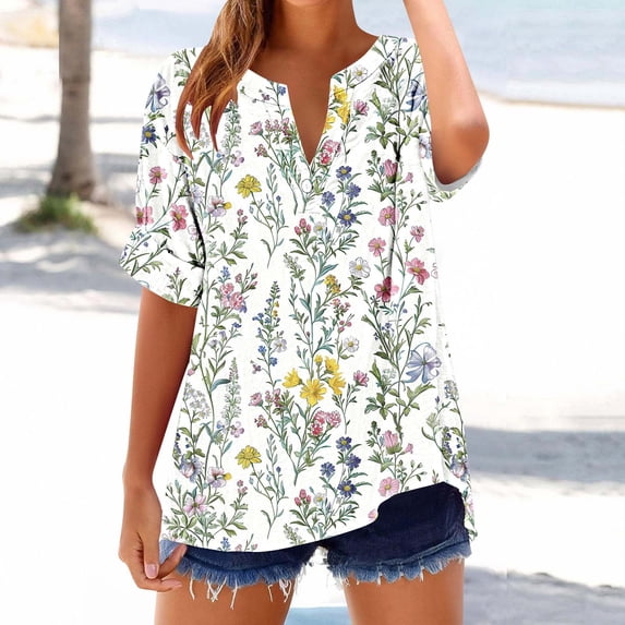 Jjayotai Women's Summer Tops, Short Sleeve Tunics, Dressy Casual Blouses, Henly Neck Button-Down Shirts, Boho Womens Clothing Multicolor^ M