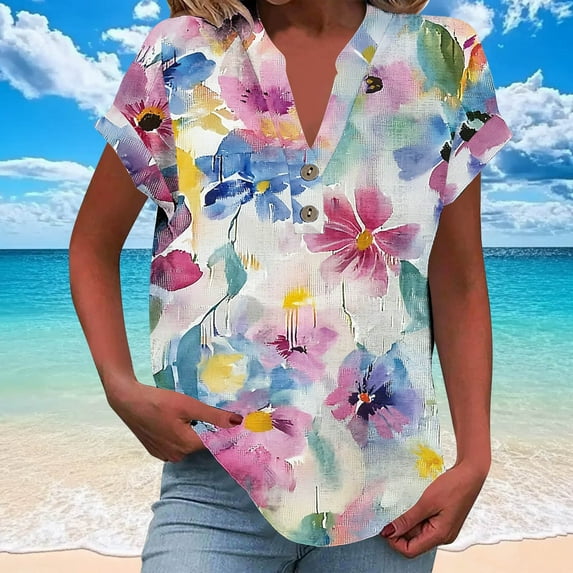 Jjayotai Women's Summer Tops, Short Sleeve Tunics, Dressy Casual Blouses, Henly Neck Button-Down Shirts, Golf Shirts for Women Plus Size, Boho Tees Pink^1 XXXXXL