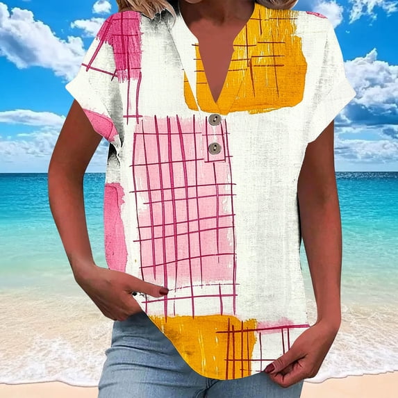 Jjayotai Women's Summer Tops, Short Sleeve Tunics, Dressy Casual Blouses, Henly Neck Button-Down Shirts, Golf Shirts for Women Plus Size, Boho Tees Pink^2 XXXXL