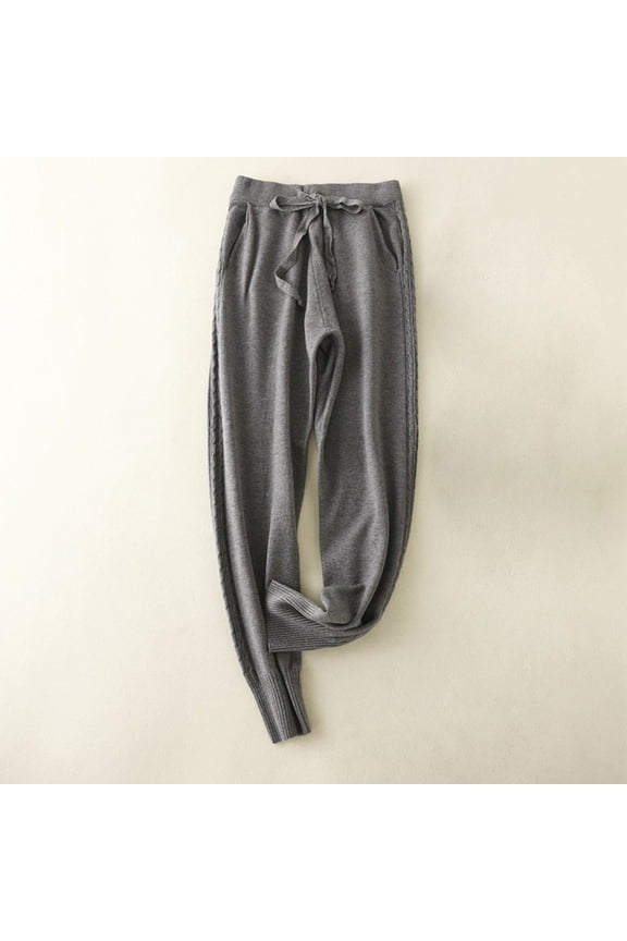Women’ s Sweater Pants, Drawstring Elastic Waist Knit Joggers, Soft Pull On Knitted Sweatpants Trousers with Pockets Gray Free Size