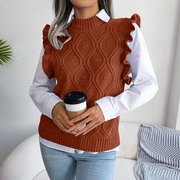 Jjayotai Women's Sweater Vest, Ruffle Armhole Solid Casual Mock Neck Sleeveless Knitted Sweaters Streetwear Brown M