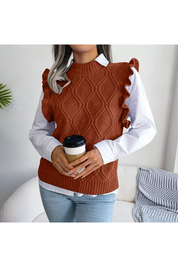 Women's Sweater Vest, Ruffle Armhole Solid Casual Mock Neck Sleeveless Knitted Sweaters Streetwear Brown M