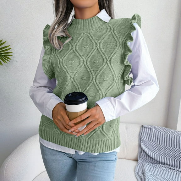 Jjayotai Women's Sweater Vest, Ruffle Armhole Solid Casual Mock Neck Sleeveless Knitted Sweaters Streetwear Mint Green S