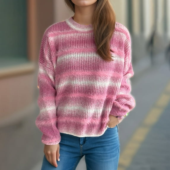 Jjayotai Women's Sweaters Clearance, Casual Long Sleeve Crewneck Color Block Patchwork Pullover Knit Sweater Tops Pink L