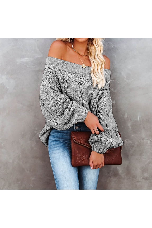 Women's Sweaters, Off Shoulder Batwing Sleeve Loose Oversized Pullover Sweater Knit Jumper Gray S
