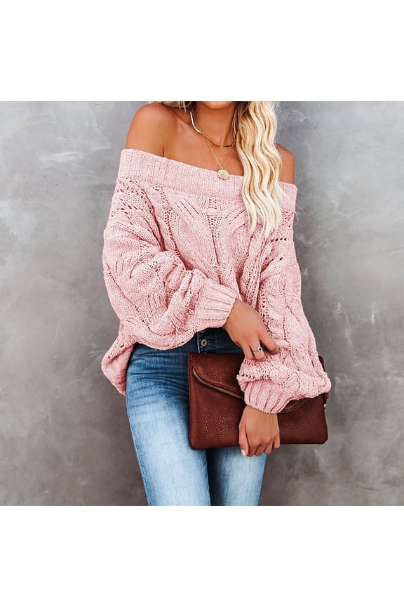 Women's Sweaters, Off Shoulder Batwing Sleeve Loose Oversized Pullover Sweater Knit Jumper Pink M
