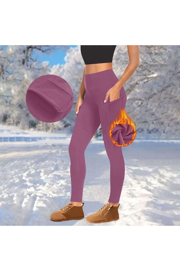 Women's Thermal Yoga Pants, High Waist Warm Fleece Lined Leggings, Winter Workout Running Tights with Pockets Purple S