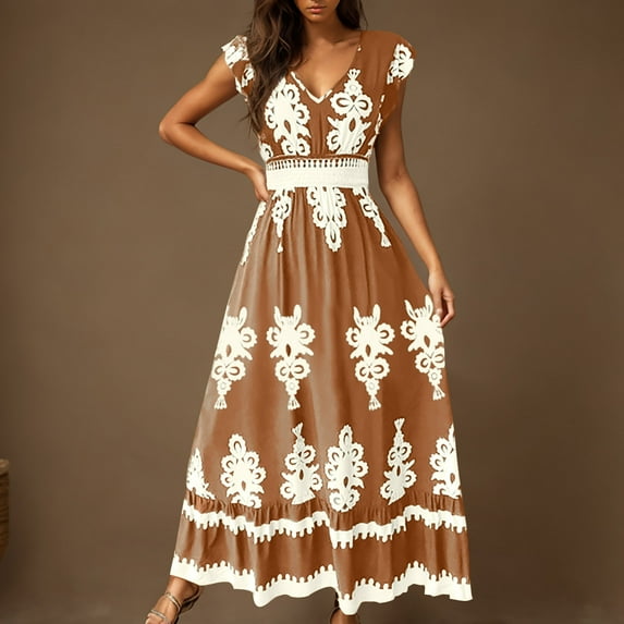 Jjayotai Women's Tribal Cap Sleeve A Line Dress, V Neck Flounce Hem Vacation Maxi Dresses, Summer Dresses for Women 2025, Boho Dress Yellow^ L