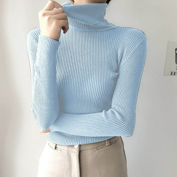 Jjayotai Women's Turtleneck Ribbed Solid Long Sleeve Sweater Pullover Tops Sky Blue Free Size