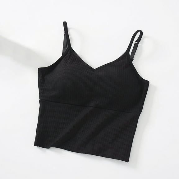 Jjayotai Women's V Neck Crop Cami Top, Ribbed Knit Spaghetti Strap Sleeveless Vest, Workout Fitness Casual Basic Crop Shirts, Tank Top with Built in Bra Black^ M