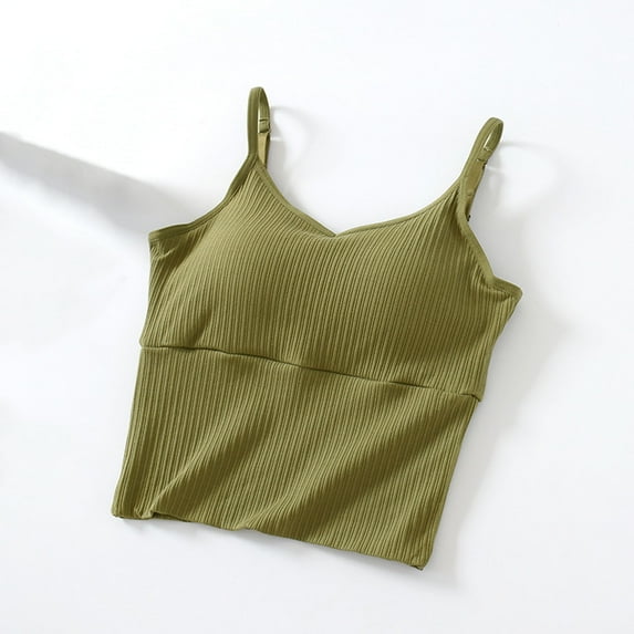 Jjayotai Women's V Neck Crop Cami Top, Ribbed Knit Spaghetti Strap Sleeveless Vest, Workout Fitness Casual Basic Crop Shirts, Tank Top with Built in Bra Green^ M