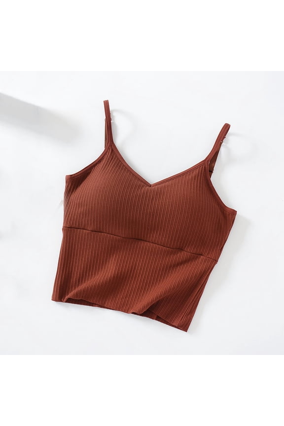 Women's V Neck Crop Cami Top, Ribbed Knit Spaghetti Strap Sleeveless Vest, Workout Fitness Casual Basic Crop Shirts, Tank Top with Built in Bra Red^ L