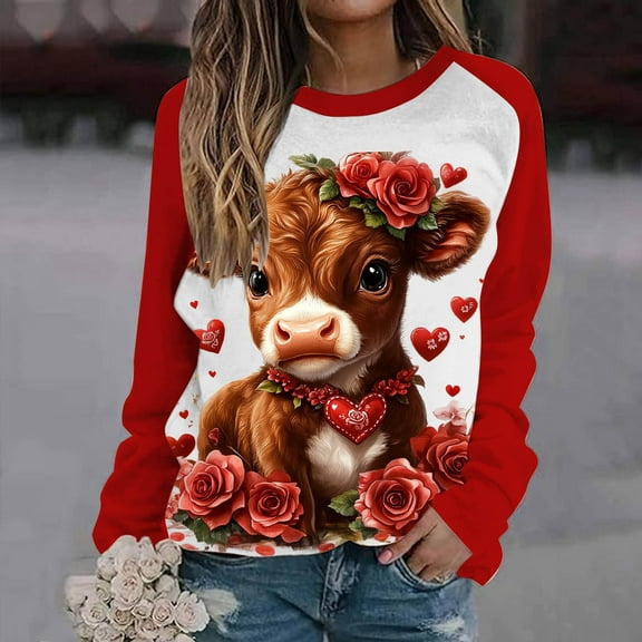 Jjayotai Women's Valentines Day Sweatshirts, Cute Highland Cow Print Sweatshirt, Love Heart Bow Crewneck Pullover Shirts, Raglan Long Sleeve Jumper Plus Size Multicolor M