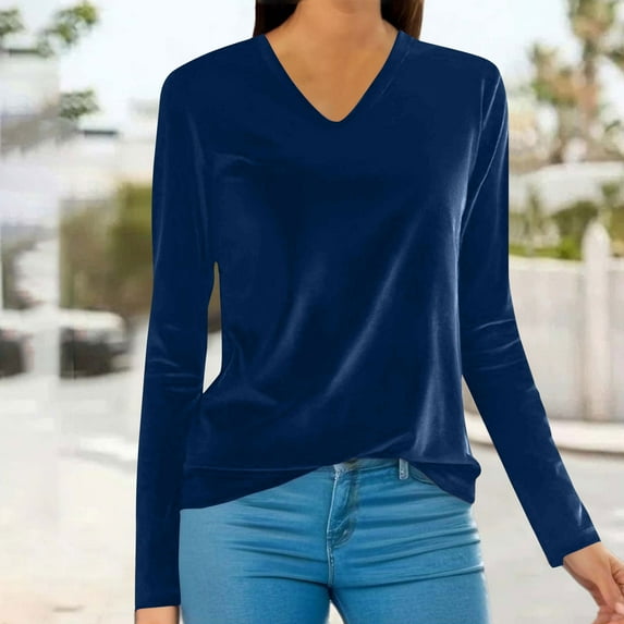 Jjayotai Women's Velvet Top, V Neck Long Sleeves Solid Casual Tunic Blouse, Loose Velour T-Shirt Pullover Tops, 2025 Trendy Clothes for Women Blue XXXL