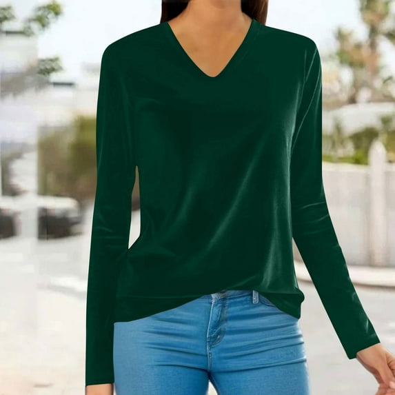 Jjayotai Women's Velvet Top, V Neck Long Sleeves Solid Casual Tunic Blouse, Loose Velour T-Shirt Pullover Tops, 2025 Trendy Clothes for Women Green L