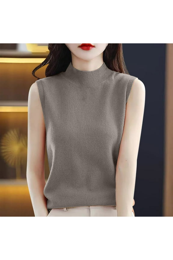 Women's Vest, Wool Sweater Top, Sleeveless Soft Tank Tops, Stand-Up Collar Knitted Bottoming Shirt, Womens Tops Khaki^ L