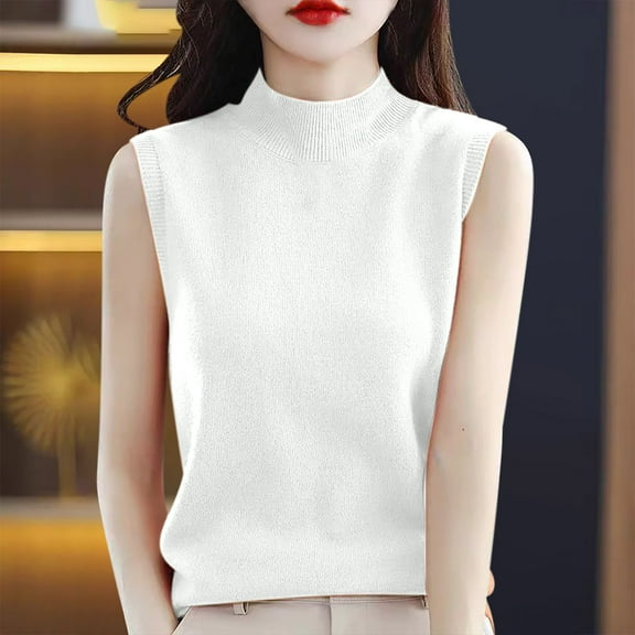 Jjayotai Women's Vest, Wool Sweater Top, Sleeveless Soft Tank Tops, Stand-Up Collar Knitted Bottoming Shirt, Womens Tops White^ S