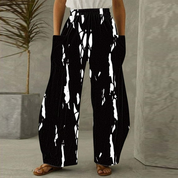 Jjayotai Women's Vintage Floral Print Pants, High Elastic Waist Wide Leg Pants, Beach Palazzo Pants with Pockets Black XL