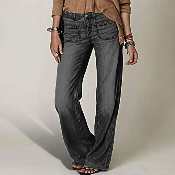 Jjayotai Women's Wide Leg Baggy Boyfriend Jeans, Mid Waisted Stretchy Wash Eyelet Decor Denim Jeans Black-1 XL