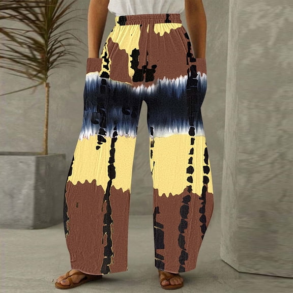 Jjayotai Women's Wide Leg Boho Pants, Smock High Waist Yoga Palazzo Trousers, Summer Beach Pants Yellow L